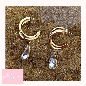 Crystal Waterdrop Goldtone C-Shaped Earrings Trendy Chic Style Fashion